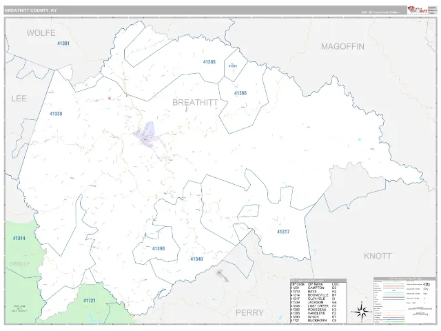 Breathitt County, KY ZIP Code Wall Map, Classic style
