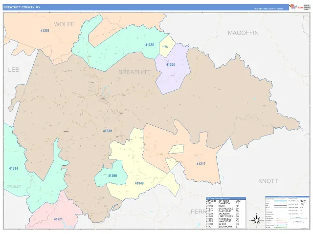 Breathitt County, KY ZIP Code Wall Map, ColorCast style