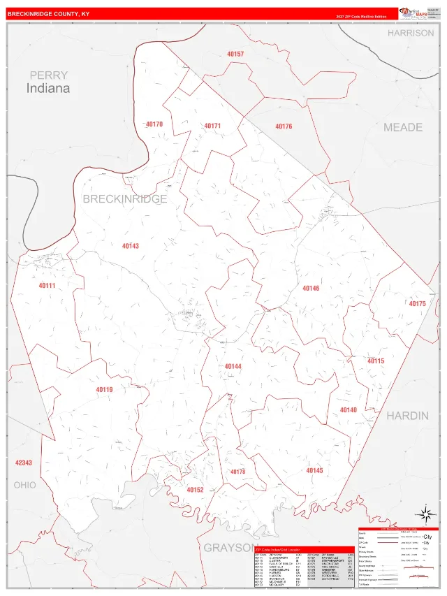 Breckinridge County, KY ZIP Code Wall Map, RedLine style