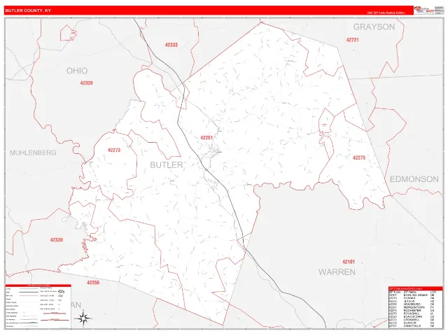 Butler County, KY ZIP Code Wall Map, RedLine style