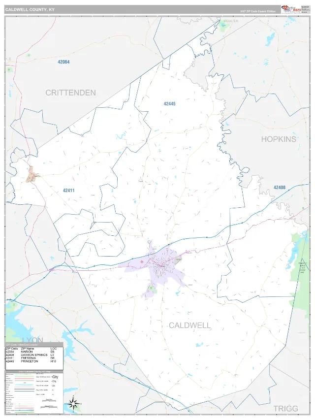 Caldwell County, KY ZIP Code Wall Map, Classic style