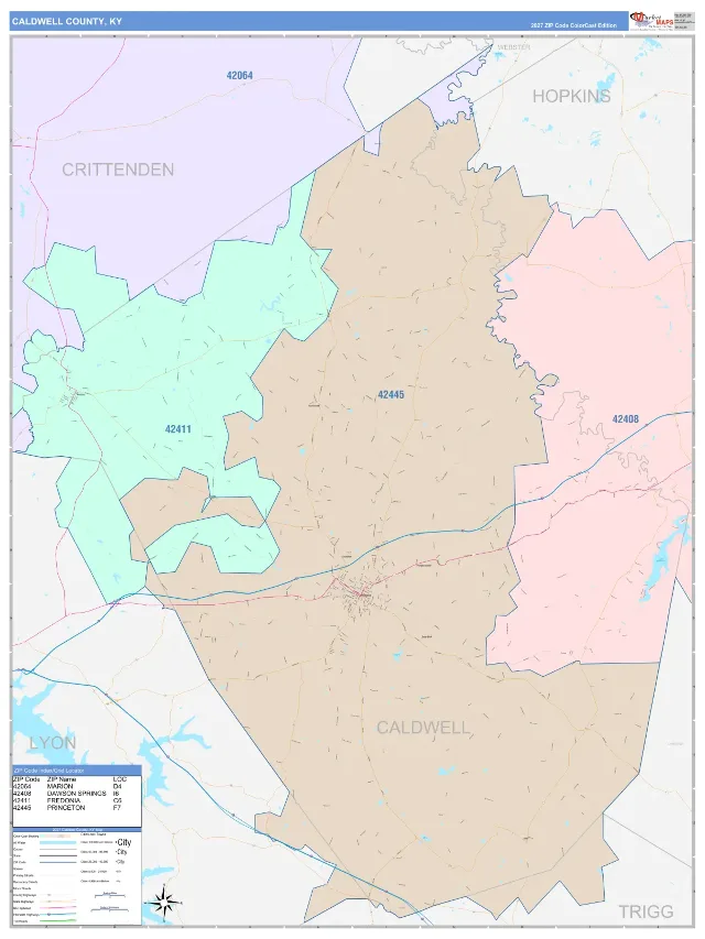 Caldwell County, KY ZIP Code Wall Map, ColorCast style