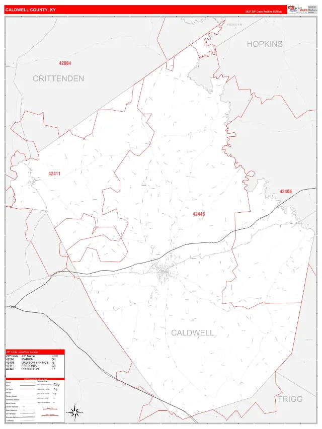 Caldwell County, KY ZIP Code Wall Map, RedLine style