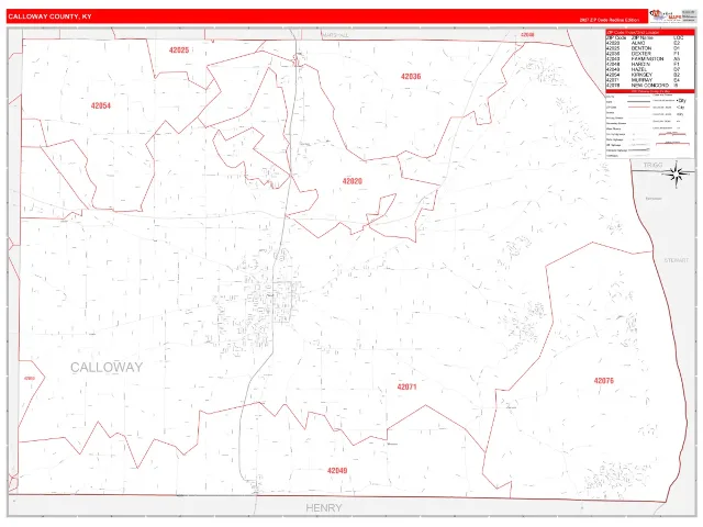 Calloway County, KY ZIP Code Wall Map, RedLine style