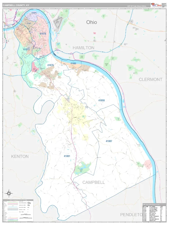 Campbell County, KY ZIP Code Wall Map, Classic style