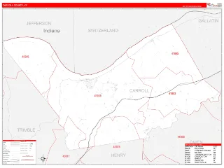 Carroll County, KY RedLine style ZIP Code wall map