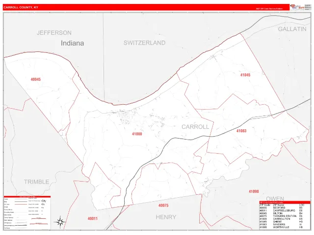 Carroll County, KY ZIP Code Wall Map, RedLine style