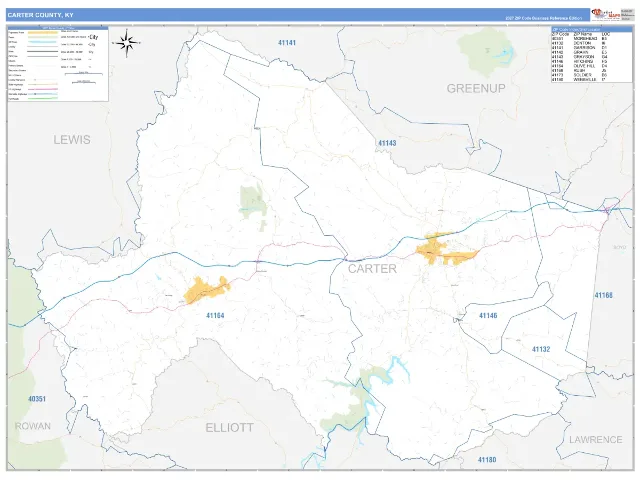 Carter County, KY ZIP Code Wall Map, Business Reference style
