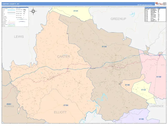 Carter County, KY ZIP Code Wall Map, ColorCast style