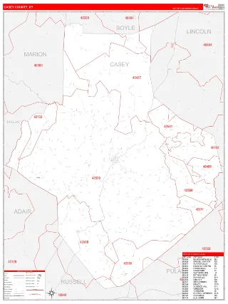 Casey County, KY RedLine style ZIP Code wall map