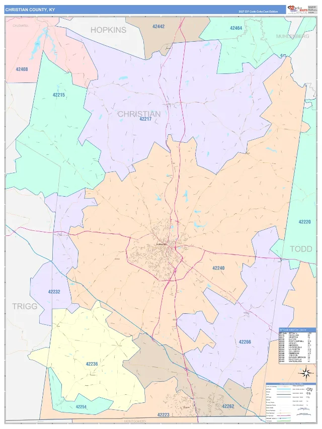 Christian County, KY ZIP Code Wall Map, ColorCast style