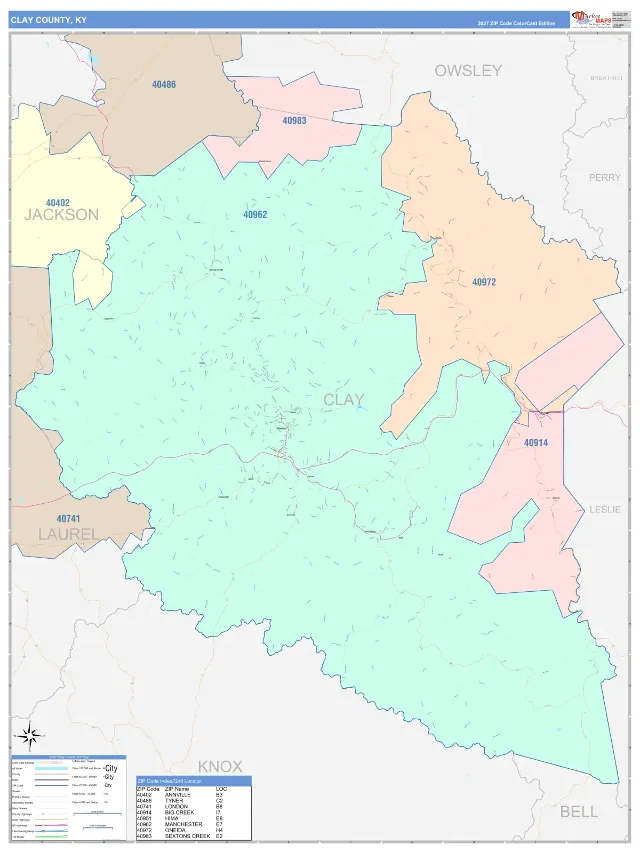 Clay County, KY ZIP Code Wall Map, ColorCast style