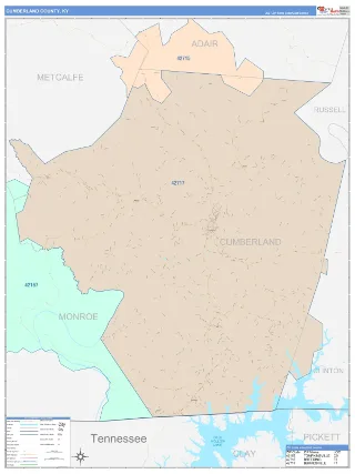 Cumberland County, KY ColorCast style ZIP Code wall map