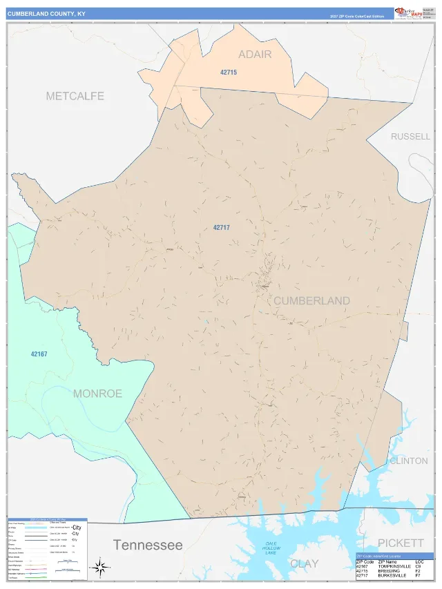 Cumberland County, KY ZIP Code Wall Map, ColorCast style