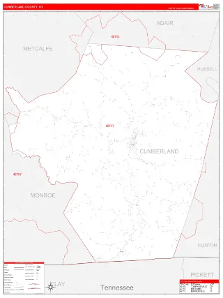 Cumberland County, KY RedLine style ZIP Code wall map