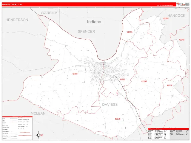 Daviess County, KY ZIP Code Wall Map, RedLine style