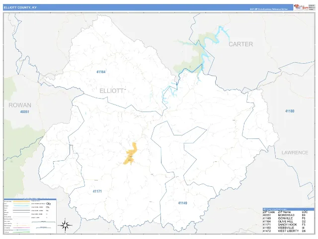 Elliott County, KY ZIP Code Wall Map, Business Reference style
