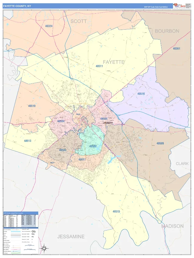 Fayette County, KY ZIP Code Wall Map, ColorCast style