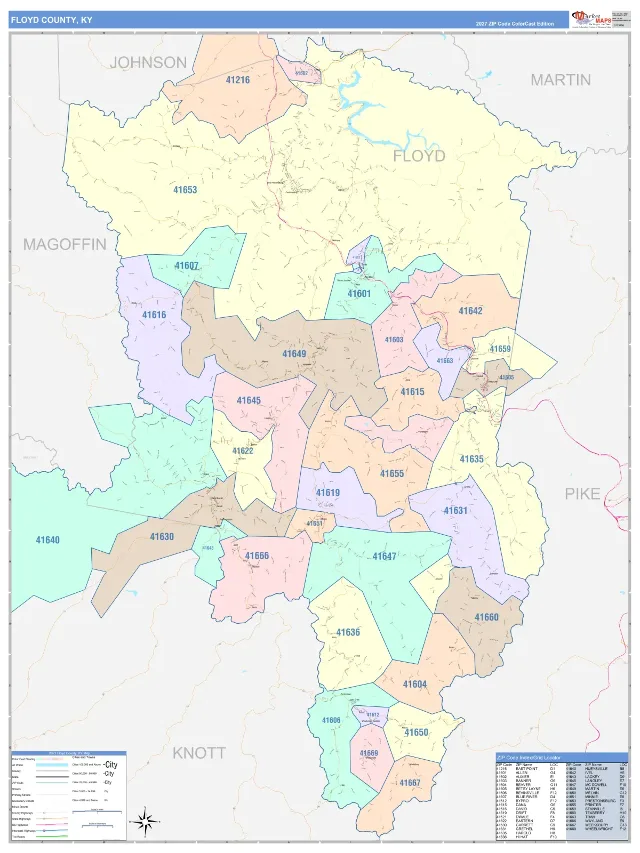 Floyd County, KY ZIP Code Wall Map, ColorCast style