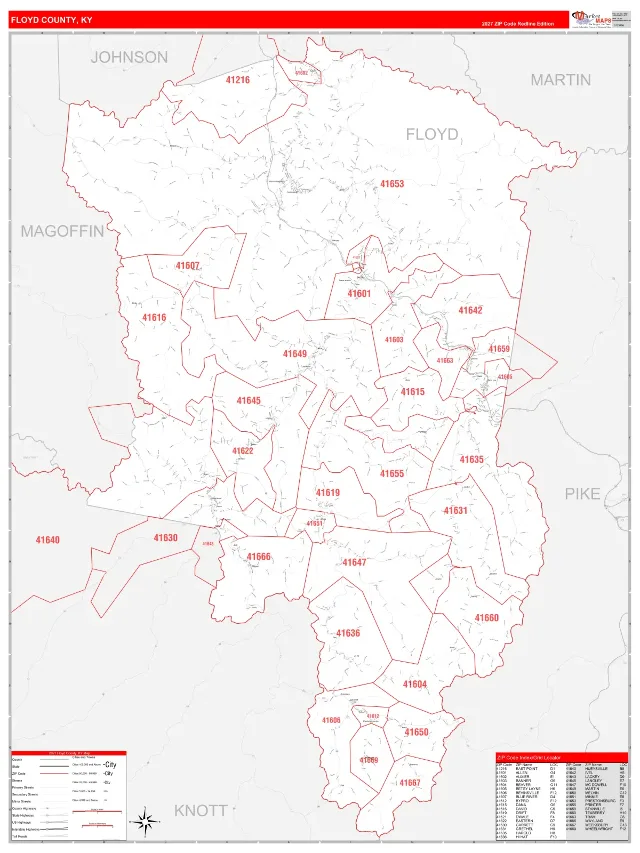 Floyd County, KY ZIP Code Wall Map, RedLine style