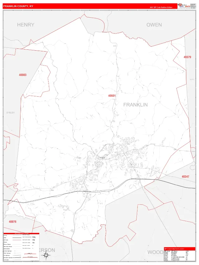 Franklin County, KY ZIP Code Wall Map, RedLine style