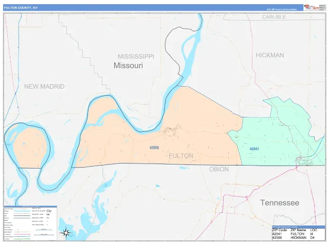 Fulton County, KY ZIP Code Wall Map, ColorCast style