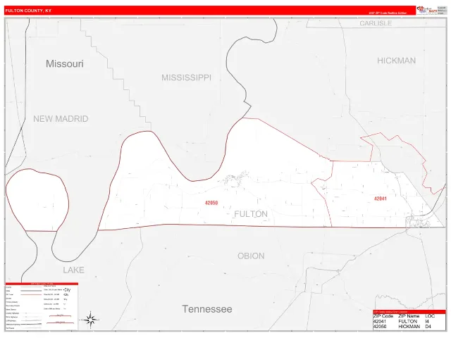 Fulton County, KY ZIP Code Wall Map, RedLine style