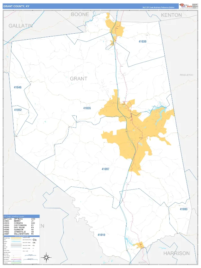 Grant County, KY ZIP Code Wall Map, Business Reference style