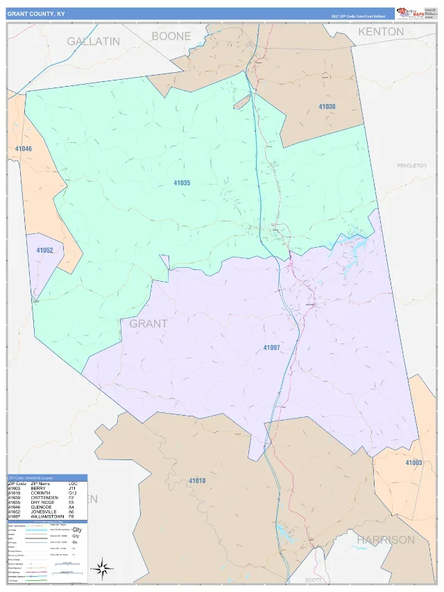 Grant County, KY ZIP Code Wall Map, ColorCast style