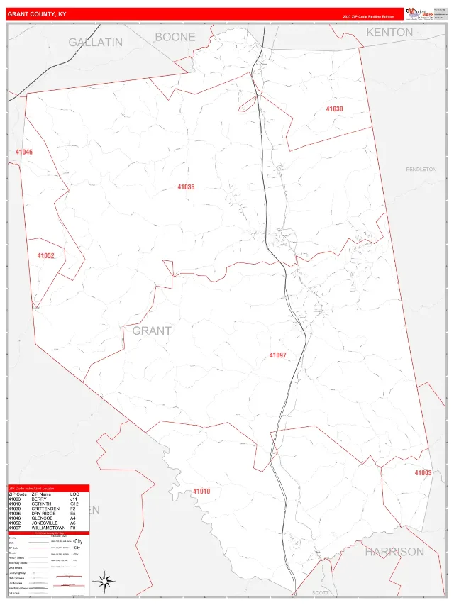 Grant County, KY ZIP Code Wall Map, RedLine style
