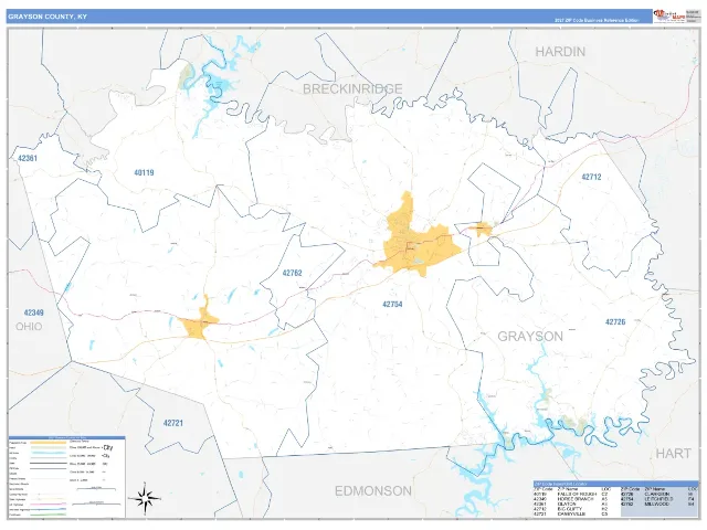 Grayson County, KY ZIP Code Wall Map, Business Reference style