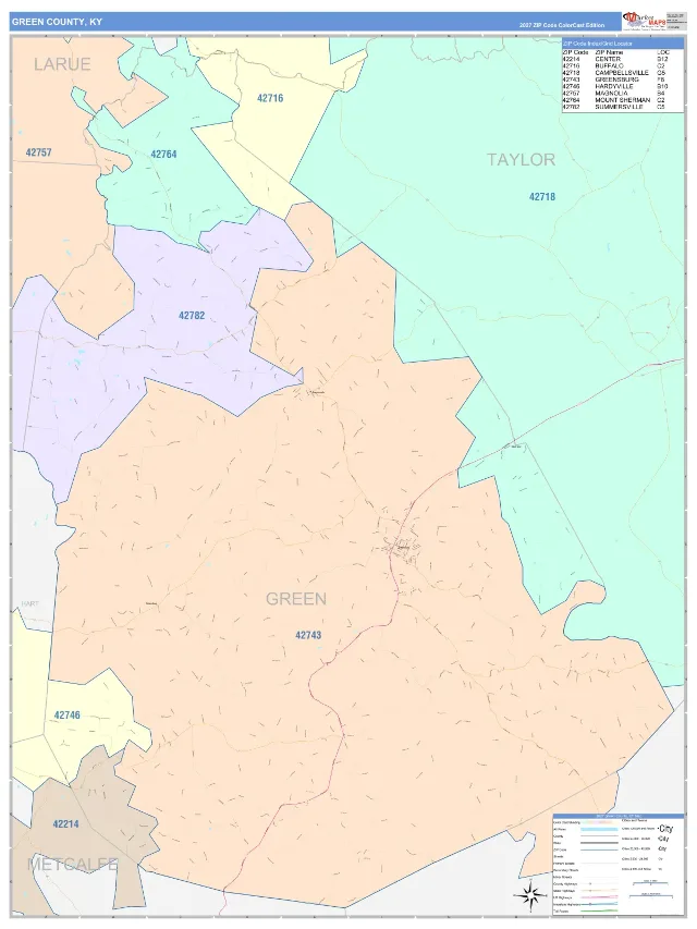 Green County, KY ZIP Code Wall Map, ColorCast style