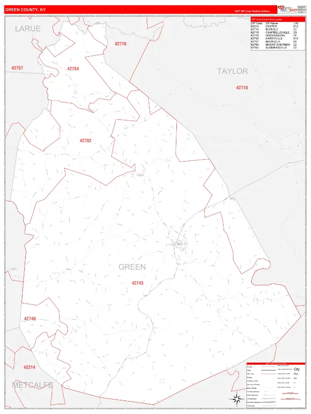 Green County, KY ZIP Code Wall Map, RedLine style