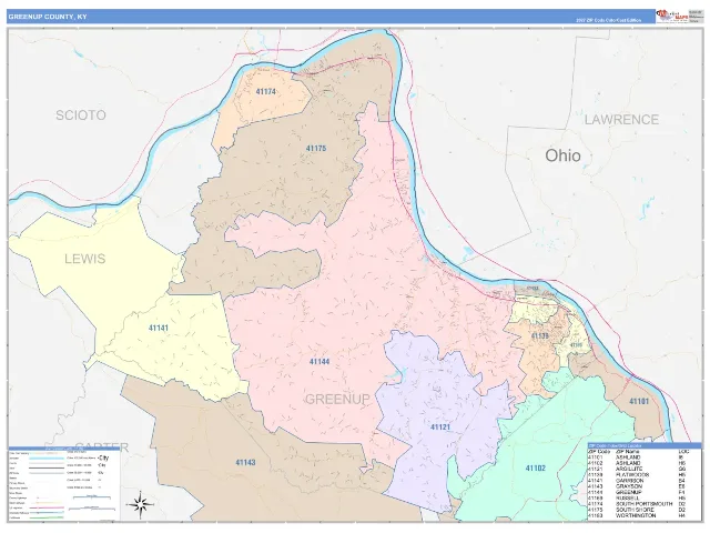 Greenup County, KY ZIP Code Wall Map, ColorCast style
