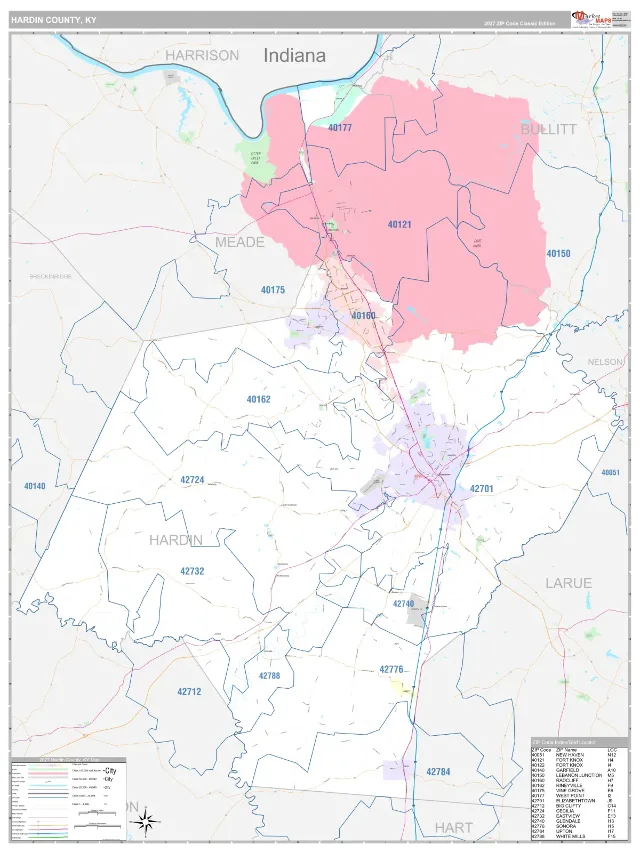 Hardin County, KY ZIP Code Wall Map, Classic style