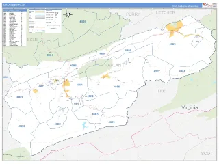 Harlan County, KY Business Reference style ZIP Code wall map