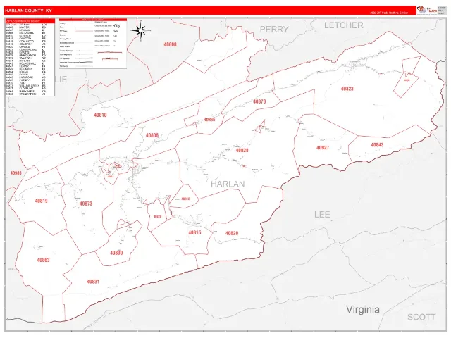 Harlan County, KY ZIP Code Wall Map, RedLine style