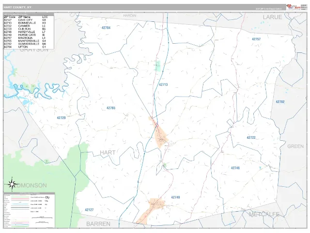 Hart County, KY ZIP Code Wall Map, Classic style