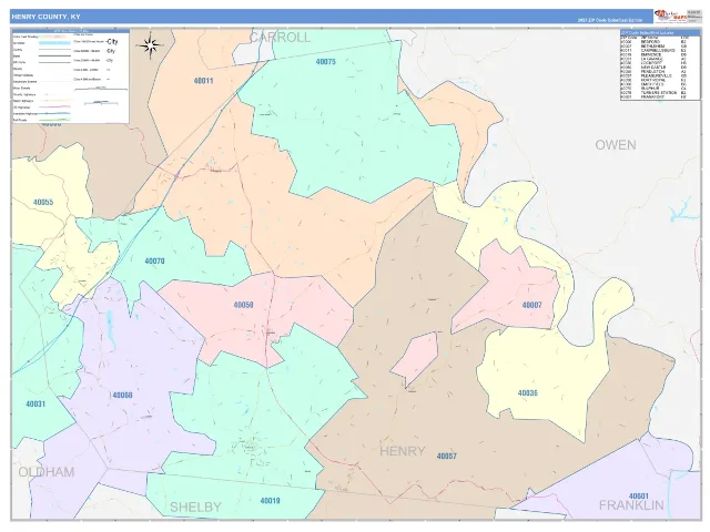 Henry County, KY ZIP Code Wall Map, ColorCast style
