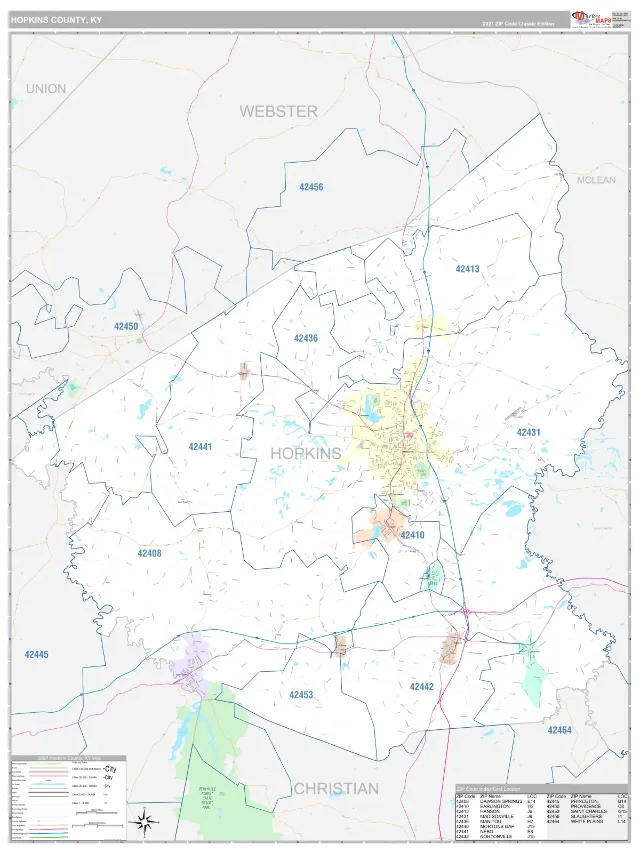 Hopkins County, KY ZIP Code Wall Map, Classic style