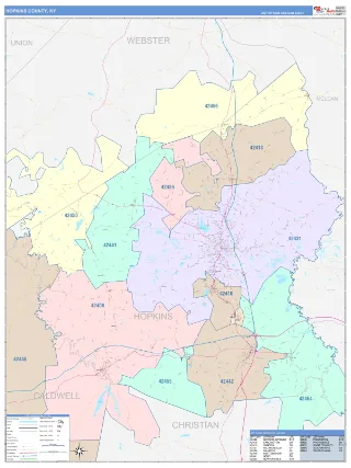 Hopkins County, KY ColorCast style ZIP Code wall map