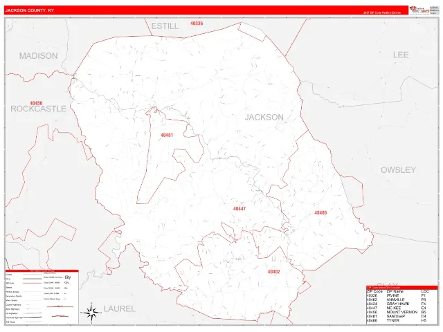 Jackson County, KY ZIP Code Wall Map, RedLine style