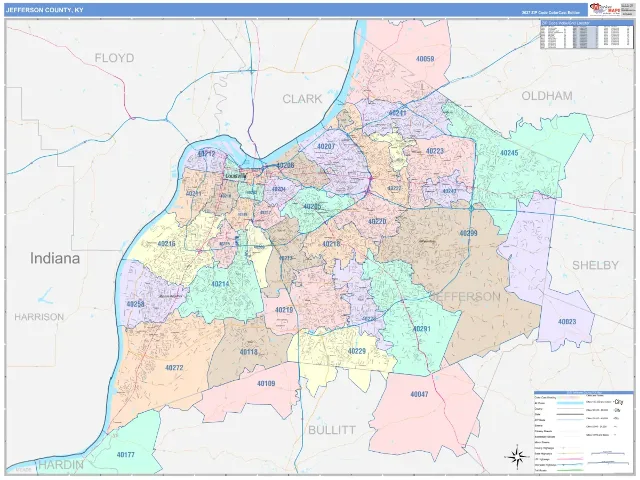 Jefferson County, KY ZIP Code Wall Map, ColorCast style