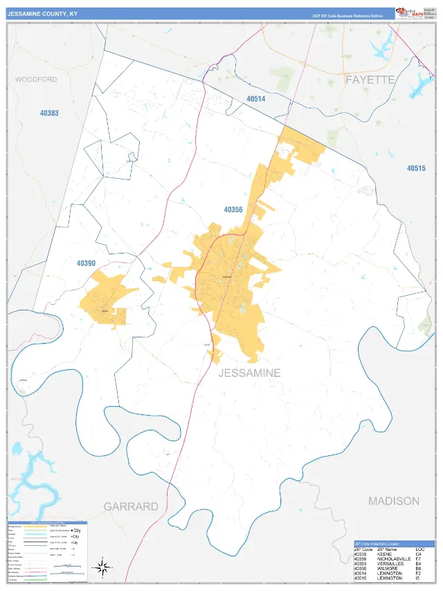 Jessamine County, KY ZIP Code Wall Map, Business Reference style