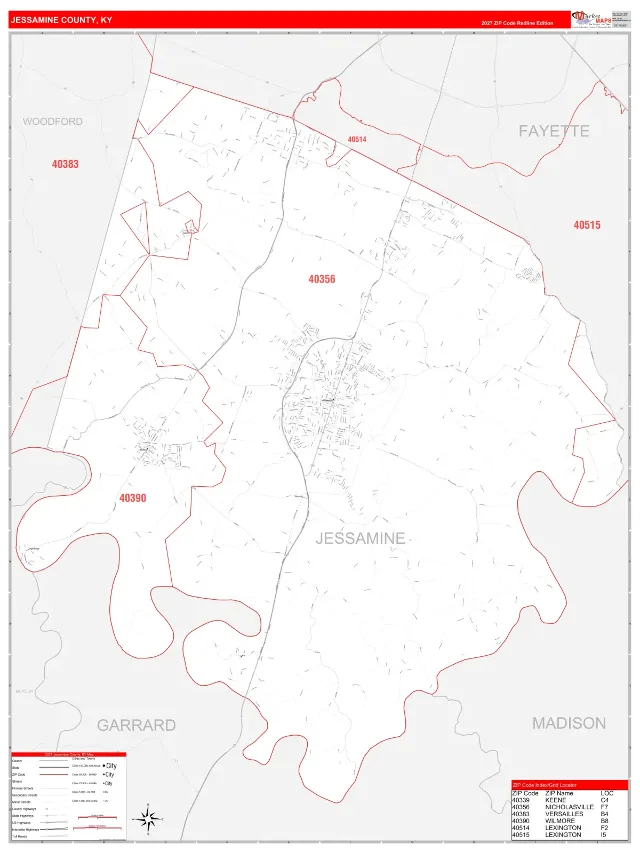 Jessamine County, KY ZIP Code Wall Map, RedLine style