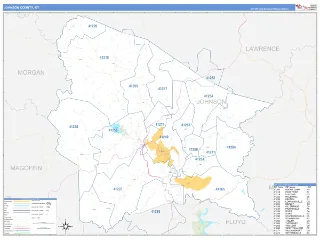 Johnson County, KY Business Reference style ZIP Code wall map
