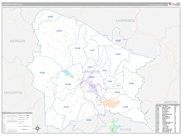 Johnson County, KY ZIP Code Wall Map, Classic style