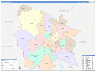 Johnson County, KY ColorCast style ZIP Code wall map