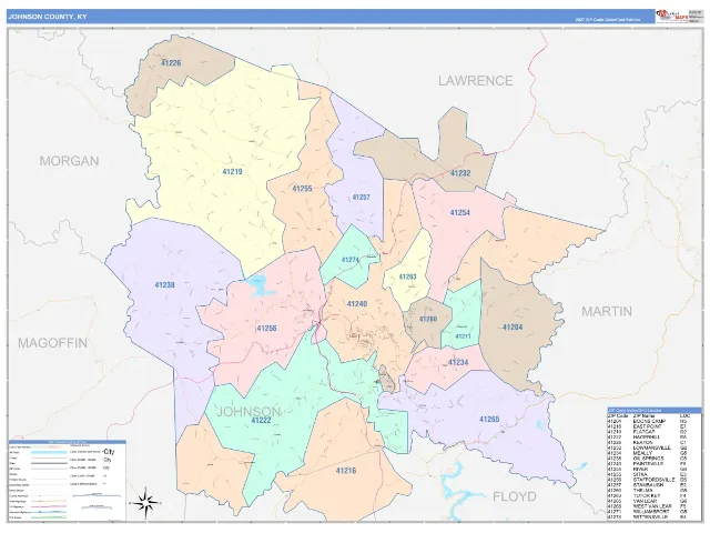 Johnson County, KY ZIP Code Wall Map, ColorCast style