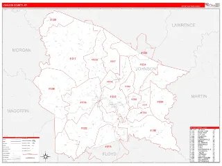 Johnson County, KY RedLine style ZIP Code wall map
